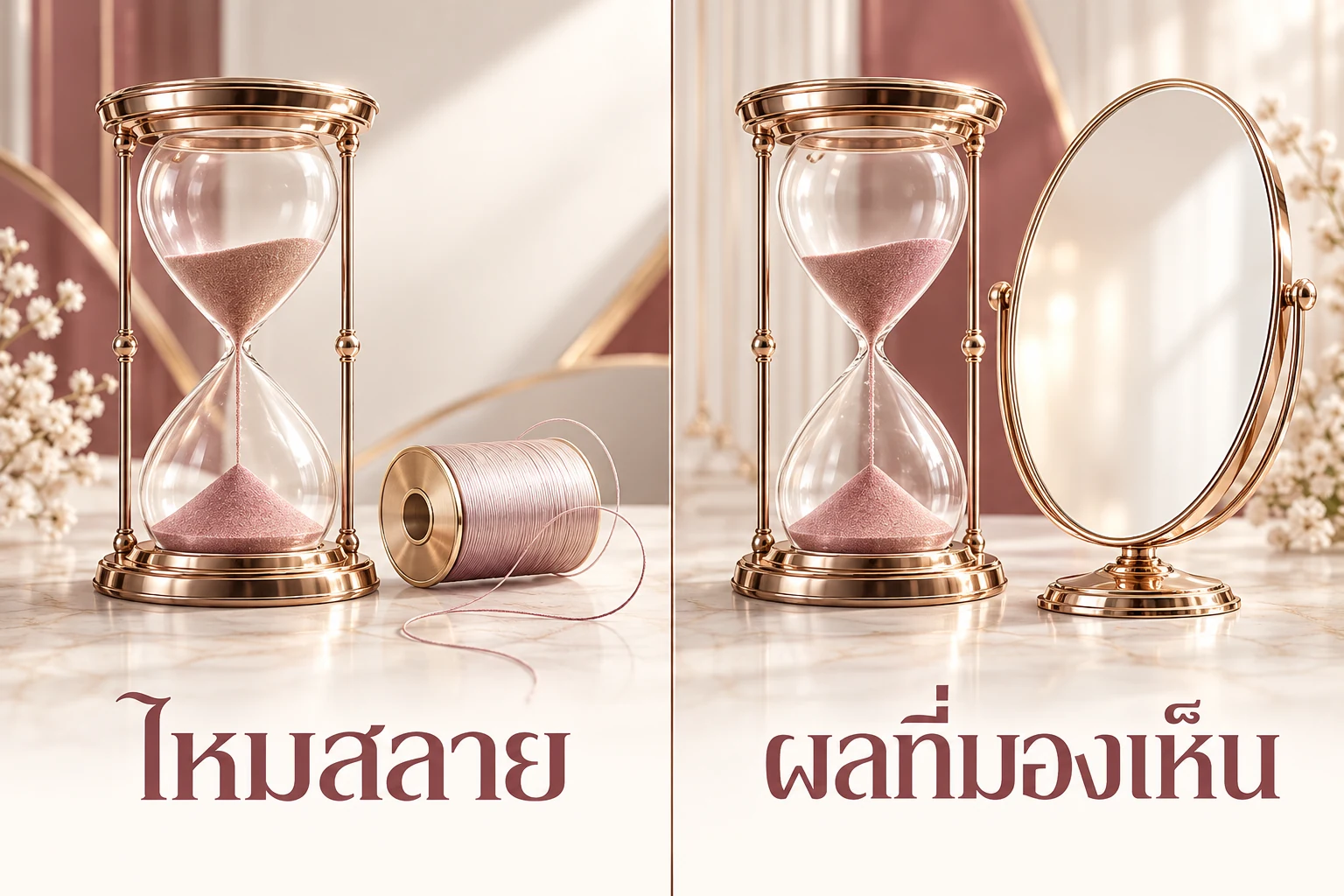 ภาพแนวคิดนาฬิกาทรายสองฝั่ง แยกคำถามไหมสลายออกจากผลที่มองเห็น โดยไม่แสดงระยะเวลา