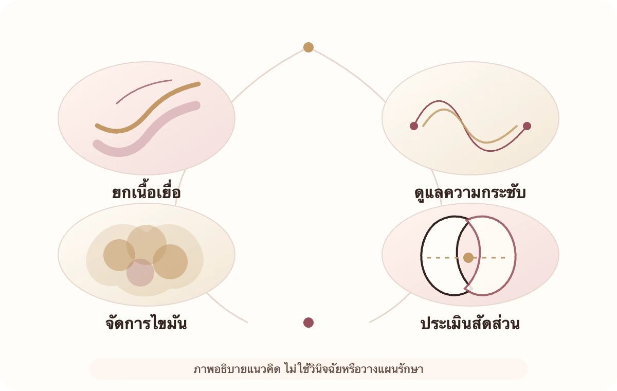 ภาพอธิบายเป้าหมายการดูแลสี่กลุ่ม ได้แก่ ยกเนื้อเยื่อ ดูแลความกระชับ จัดการไขมัน และประเมินสัดส่วน